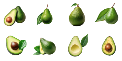 Avocado Variations: A fresh and vibrant display of avocados, showcasing their lush green exteriors and creamy interiors. This image highlights the fruit in various forms, complete with their leaves.