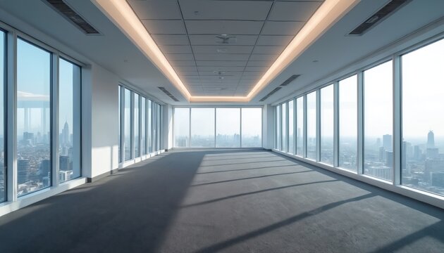 Empty modern office with large floor to ceiling windows showing cityscape. Bright spacious room with grey carpet and overhead lighting. Minimalist interior design for business. - Powered by Adobe
