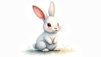 Cute white bunny sits on grassy ground with tiny yellow flowers. Watercolor art features small rabbit with long ears and pink cheeks on isolated white background. Adorable animal illustration.