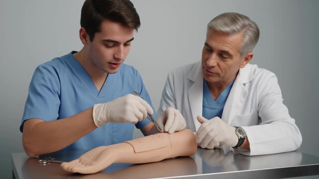 Two medical professionals are engrossed in a surgical training simulation, with meticulous focus as they work on a realistic replica of a human arm.