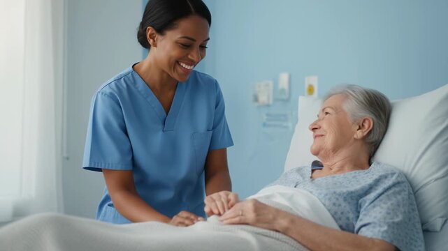 A kind nurse comforts a senior patient in a medical room, sharing a moment of compassion and reassurance. 