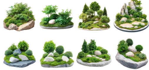 Miniature Garden Collection: A curated collection of eight diverse miniature gardens, each showcasing unique landscaping elements with meticulous detail.