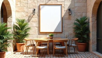 Blank poster frame hangs on textured mosaic wall in Mediterranean courtyard. Wooden dining table, chairs arranged beneath display. Rich potted plants add natural element to stylish interior setting.