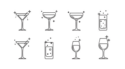 Collection of eight different cocktail glasses in a simple line art silhouette