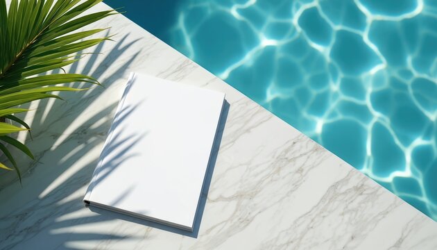 Blank magazine cover rests on marble poolside table with palm leaf shadow. Clear blue water reflects sunlight nearby. Minimalist backdrop for design presentation and branding concepts.