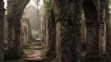 Obraz premium Ancient Stone Ruins Covered in Lush Green Moss and Vines in a Misty Forest.