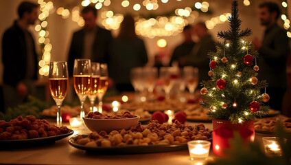 Christmas buffet table, foods, drinks, holiday party, dinner, people, festive lights - new year's eve celebration, business, meeting, seminar, conference, gathering, catering, social event, networking