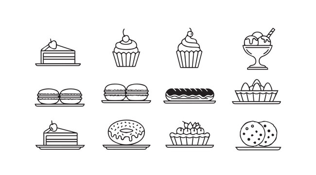 Collection of delicious dessert icons in a simple silhouette style