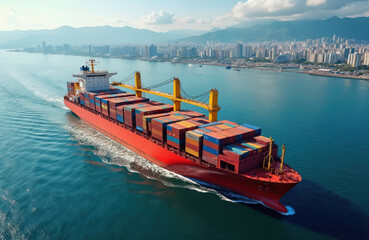 Large red container ship travels across blue ocean water. Many colorful cargo containers stacked on deck for transport. Represents global logistics, import export, freight transport, supply chain