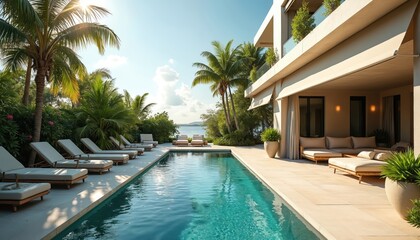 Long lap pool with chaise lounges rests by modern luxury villa. Palm trees, tropical plants surround sunlit patio, ocean view offers serene relaxation space.