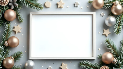 Mockup of flat lay blank white frame, decorations, pine branches, baubles - festive holiday greeting card, template, banner, surface, space