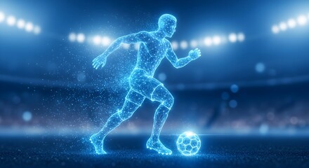 Futuristic Neon Athlete on Football Field Digital Connectivity in Sports and Technology