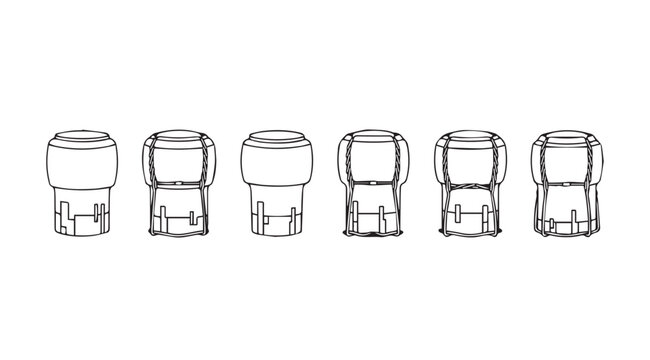 Six identical cylindrical objects with distinct top and bottom sections in silhouette