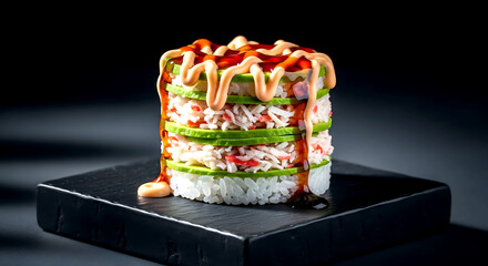 a modern sushi creation a layered tower of rice, avocado and crabmeat, drizzled with spicy mayo and unagi sauce, presented on a geometric black slate 