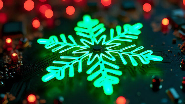 A green snowflake ornament on computer circuit board, microchips, glowing red bokeh lights - holiday Christmas, digital technology, ai, electronic, innovation