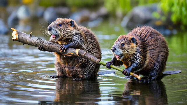 Two beavers holding branches while sitting in calm water
- Powered by Adobe
