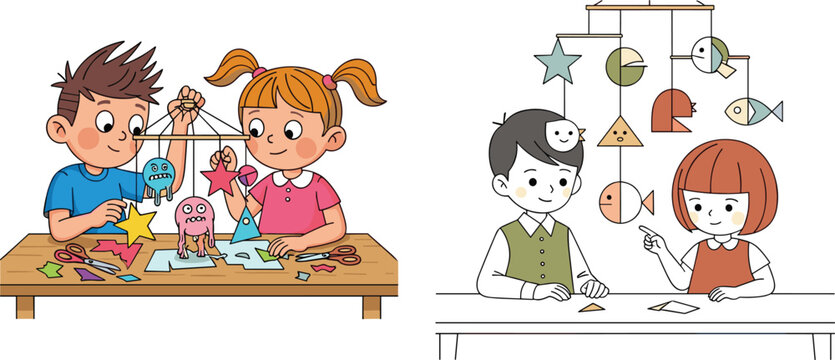 Children creating colorful craft projects together at a table, engaging in creative arts activities, learning, teamwork, imagination, and playful handmade designs