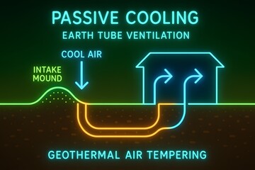 Earth Tube Cooling Infographic with Diagrams and Data for Environmental Education