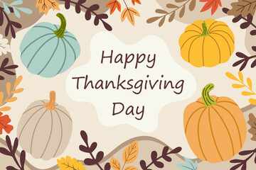 Happy Thanksgiving Day Background with pumpkins and autumn leaves. for greeting card, poster, banner, social media post. Vector Illustration.