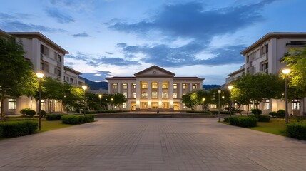 Grand university campus illuminated at twilight with neoclassical central building and surrounding modern structures