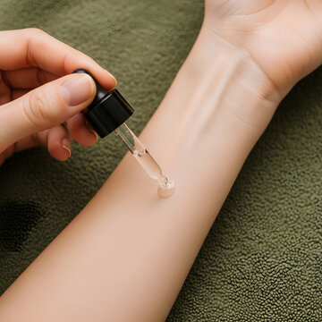Woman Applying Cosmetic Serum to Arm with a Dropper