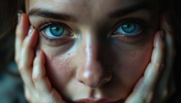 Close up sad woman blue eyes teary face. Sadness emotion, thoughtful moment, dark mood. Person showing despair, pain, vulnerability, mental health struggle. Loss, grief.