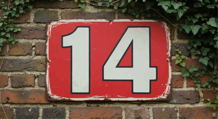 Sign with the number fourteen on a brick wall covered in ivy in an outdoor setting on a sunny day