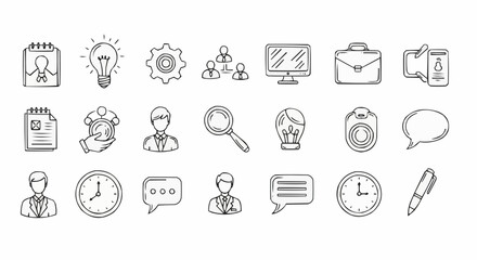 Doodle style business icons representing various aspects of work and management processes and productivity