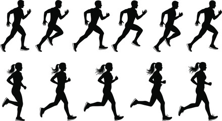 Running athlete silhouettes, men and women jogging, fitness training poses, marathon runner vector illustration for sport, exercise, health, endurance, and workout design