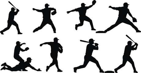 Baseball player silhouettes in action poses, athletic sports vector set, batting, pitching, fielding illustrations for training, coaching, and game design