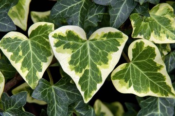 Close-up of textured, heart-shaped foliage with green and white variegation