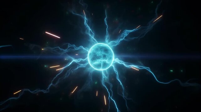Abstract glowing blue sphere with electric blue lightning and sparks on a dark background