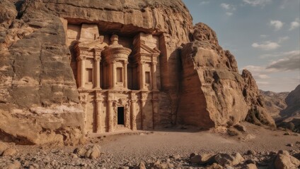 Ancient Nabataean Treasury Facade Carved into Rose Rock in Petra Jordan.