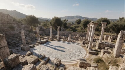 Obraz premium Ancient Greek Theater Ruins with Stone Columns and Mountain Backdrop.
