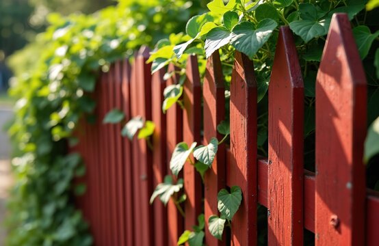 Red wooden picket fence stands tall. Green heart shaped leaves, vines climb along rustic garden barrier. Bright sun casts long shadows on painted wood planks. Vibrant foliage covers property boundary