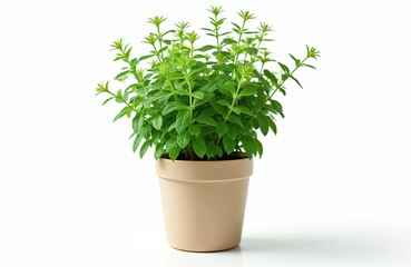 Beautiful fresh green mint plant grows in small brown pot, with vibrant leaves, stems. Stands out clearly on pure white background. Healthy aromatic herb perfect for kitchen cooking, fresh drinks,