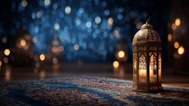 Ramadan kareem night scene with traditional lanterns glowing warmly against a serene evening sky, creating peaceful islamic festival atmosphere for eid celebration and holy month background