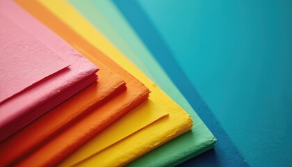 Stack of colored paper sheets arranged in a spectrum from pink to teal. Offers clean backdrop for art crafts projects school lessons and design.