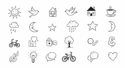Fototapeta premium Collection of diverse hand drawn doodle icons including nature and everyday objects in black and white