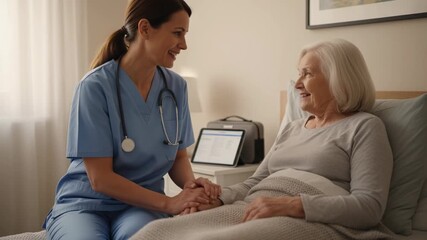 A compassionate healthcare provider offers comfort to an elderly patient, gently holding her hand in a caring, realistic, and tender moment, highlighting trust and compassion.