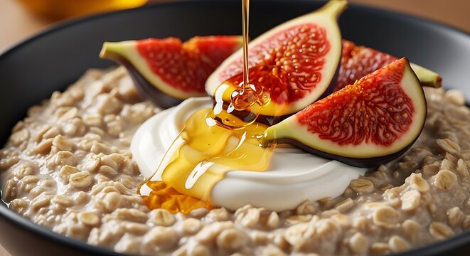 Delicious oatmeal is topped with creamy yogurt, fresh figs, and drizzled with golden honey.
