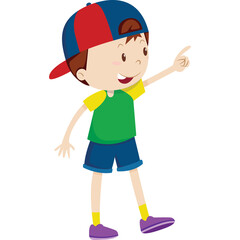 Young Boy Wearing A Colorful Baseball Cap And Casual Outfit Pointing To The Right With A Happy Expression On His Face And A Transparent Background