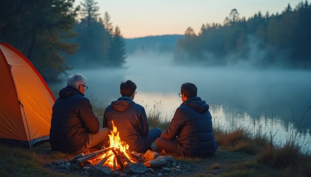 Three men sit by warm campfire next to orange camping tent. Enjoy quiet foggy river, distant forest trees. Different generations of family share peaceful camping time together in cool wilderness