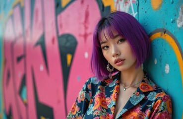 Fototapeta premium Young Asian woman with vibrant purple hair poses against colorful graffiti wall. Wears stylish floral shirt, statement earrings, necklace. Modern urban fashion, youth beauty, unique city style look.
