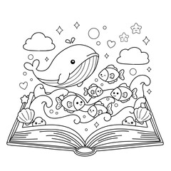 Cute Whale and Fish Storybook Ocean Adventure coloring page