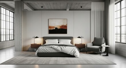 Modern minimalist bedroom with large windows and elegant decor in a spacious interior