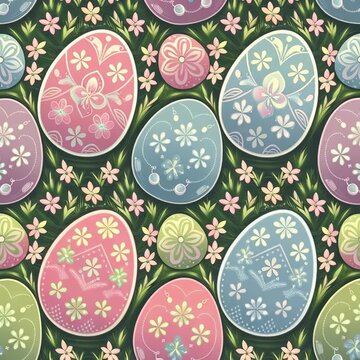 Delicate easter eggs pattern with floral accents on a dark background providing a colorful festive