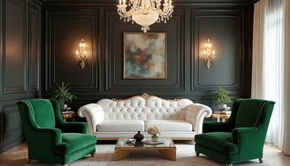 Elegant living room with white tufted sofa and two green velvet armchairs. Gold coffee table sits in front of sofa. Crystal chandelier hangs above art on dark panelled wall. Natural light from window.