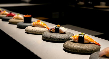 a row of different nigiri sushi, each on its own small, individual slab of natural stone, arranged on a long, polished concrete surface, creating an industrial yet organic composition 
