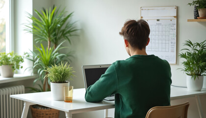 Young person works on laptop computer at clean white desk. Room many green plants, calendar on wall for daily planning. Minimalist workspace creates calm environment for productivity, goal setting,